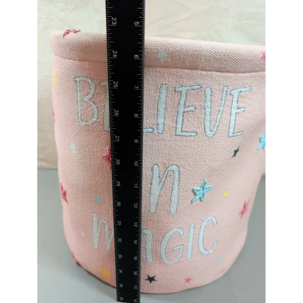 Believe In Magic Pink Cotton Canvas Storage Bin Star Embroidered Toy Basket 8in